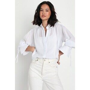 Lulus Chic Concept White Cotton Burnout Button-up Tie Cuff Shirt - Size S